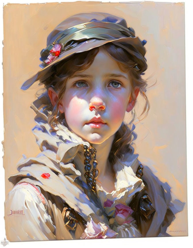 Portrait of young girl in vintage attire with floral hat and forlorn expression