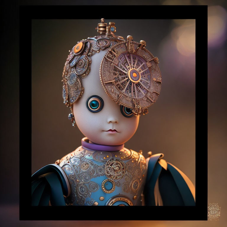 Intricate Steampunk Doll with Mechanical Headpiece and Gearwork