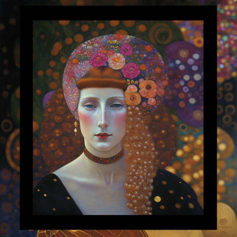 Portrait of woman with red hair and floral headpiece in dark dress against intricate background