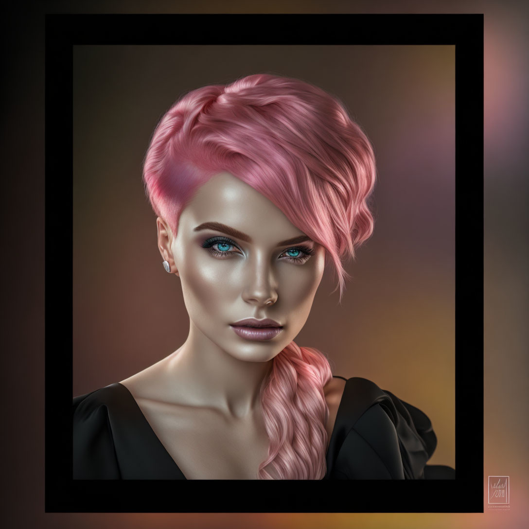 Portrait of woman with blue eyes and pink hair in side braid on muted background