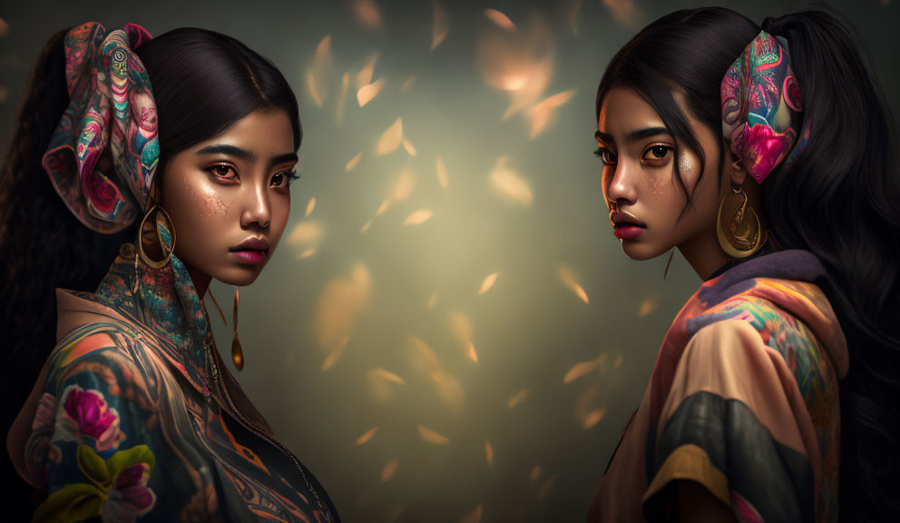 Two women with intricate hairstyles and traditional earrings in front of floating golden leaves.