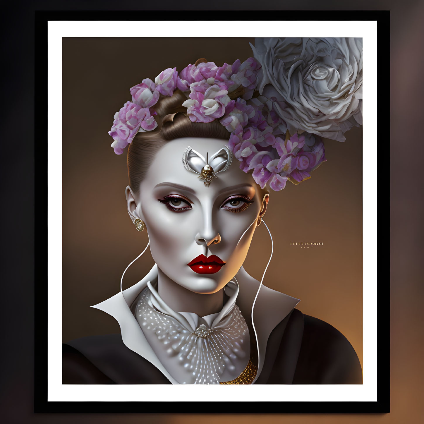 Stylized portrait of woman with floral headpiece and elegant attire.