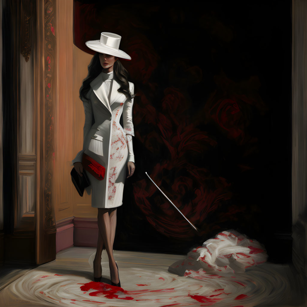 Stylish woman in white outfit with sword in dark room