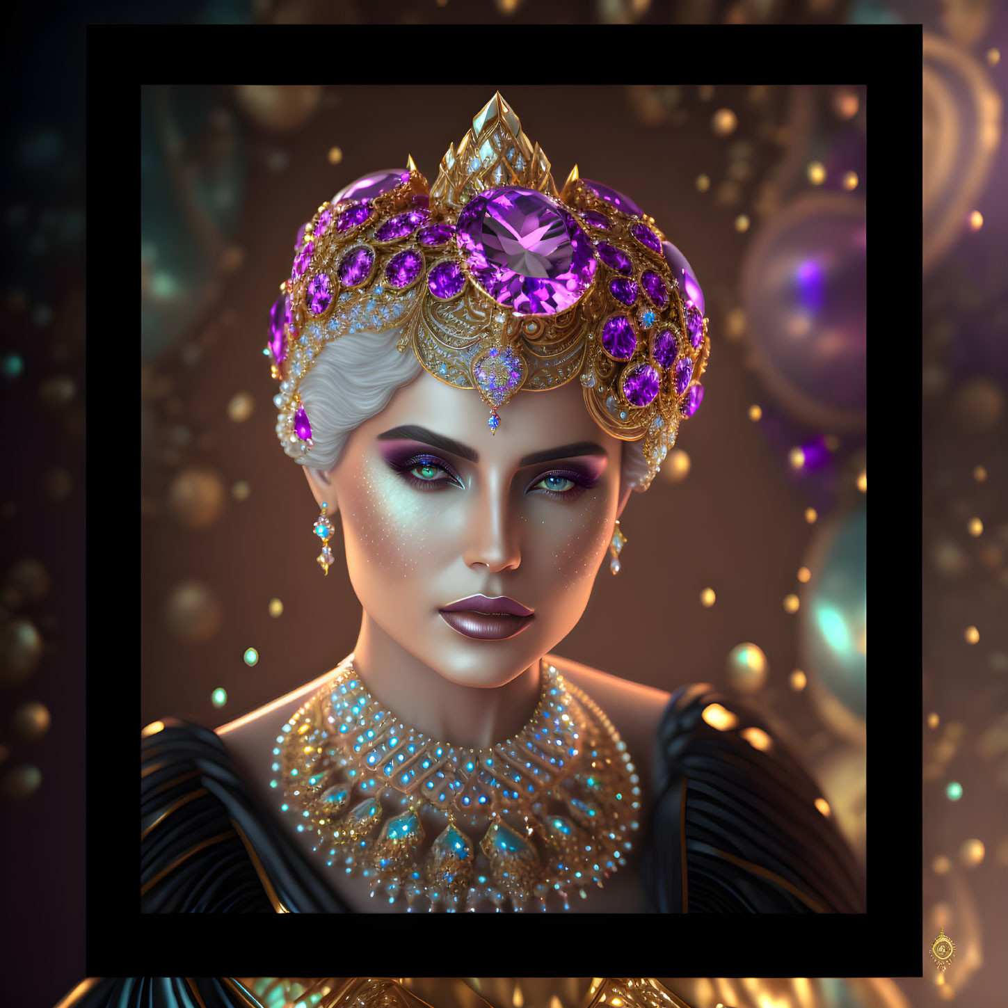Regal woman digital art: golden crown, purple jewels, dark bokeh background