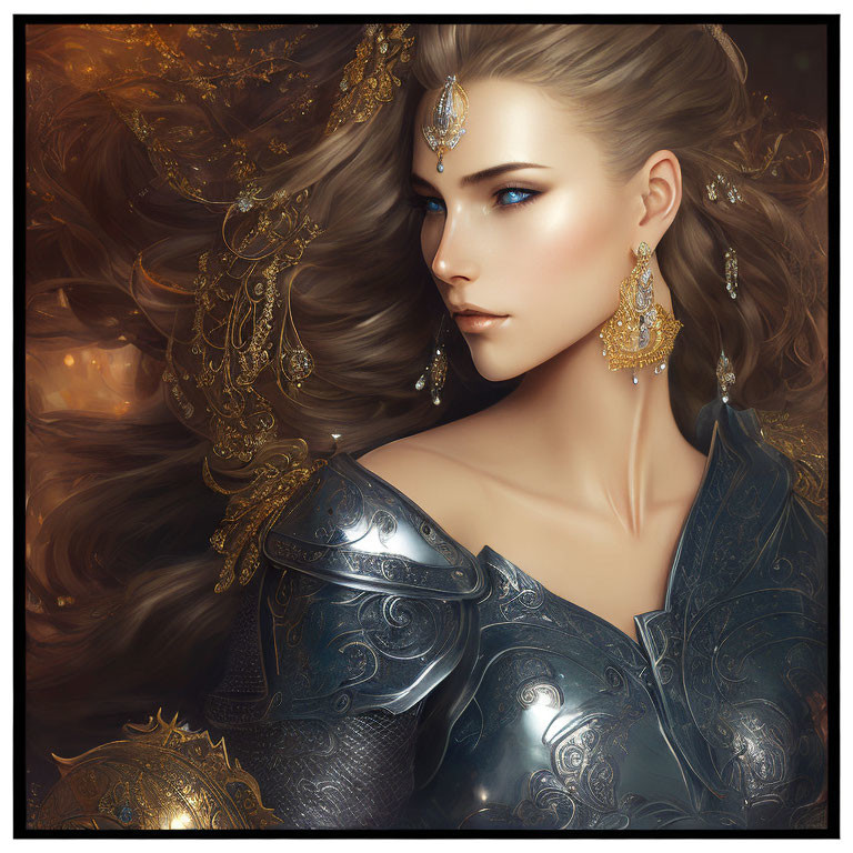 Digital artwork of woman with golden hair and ornate armor.