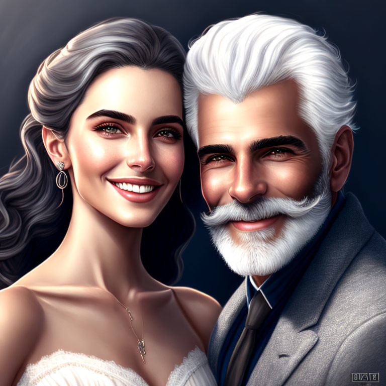 Elegant smiling couple: young woman and older man with white hair.