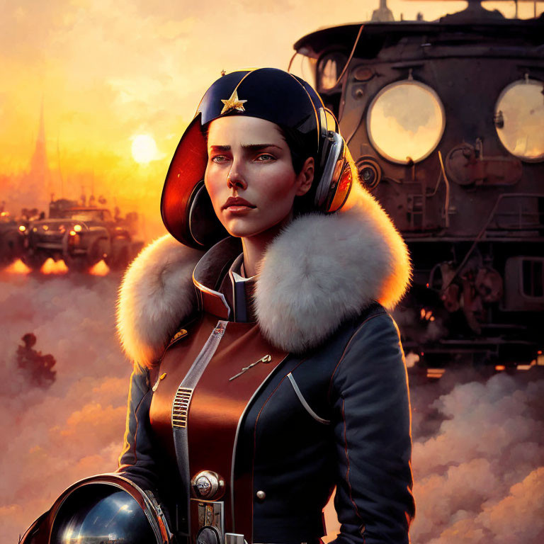 Female pilot in vintage aviation outfit with leather jacket and fur collar among old warplanes and fiery sunset.
