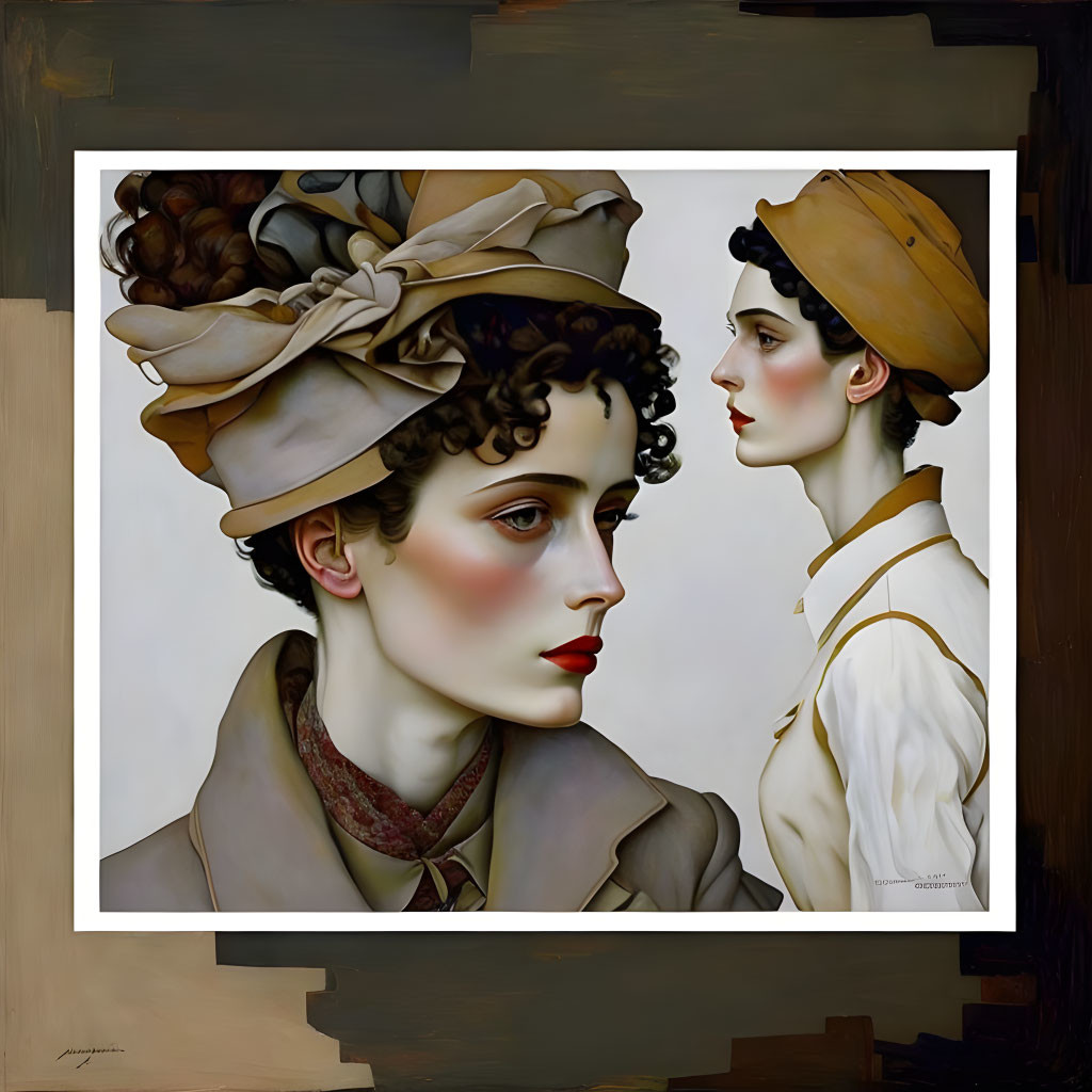 Vintage painting of two women in profile view with elegant hats and delicate facial features