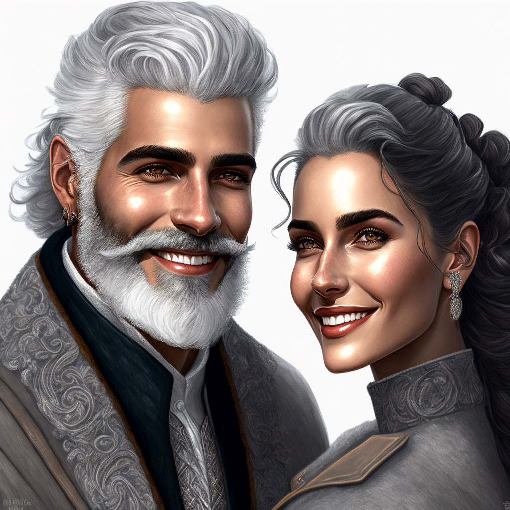 Stylish gray-haired couple in classy attire with full beard and elegant earrings