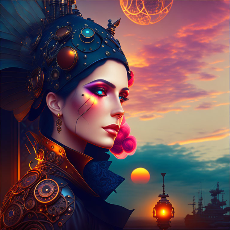 Steampunk-inspired woman with elaborate headgear and armor in colorful sky.