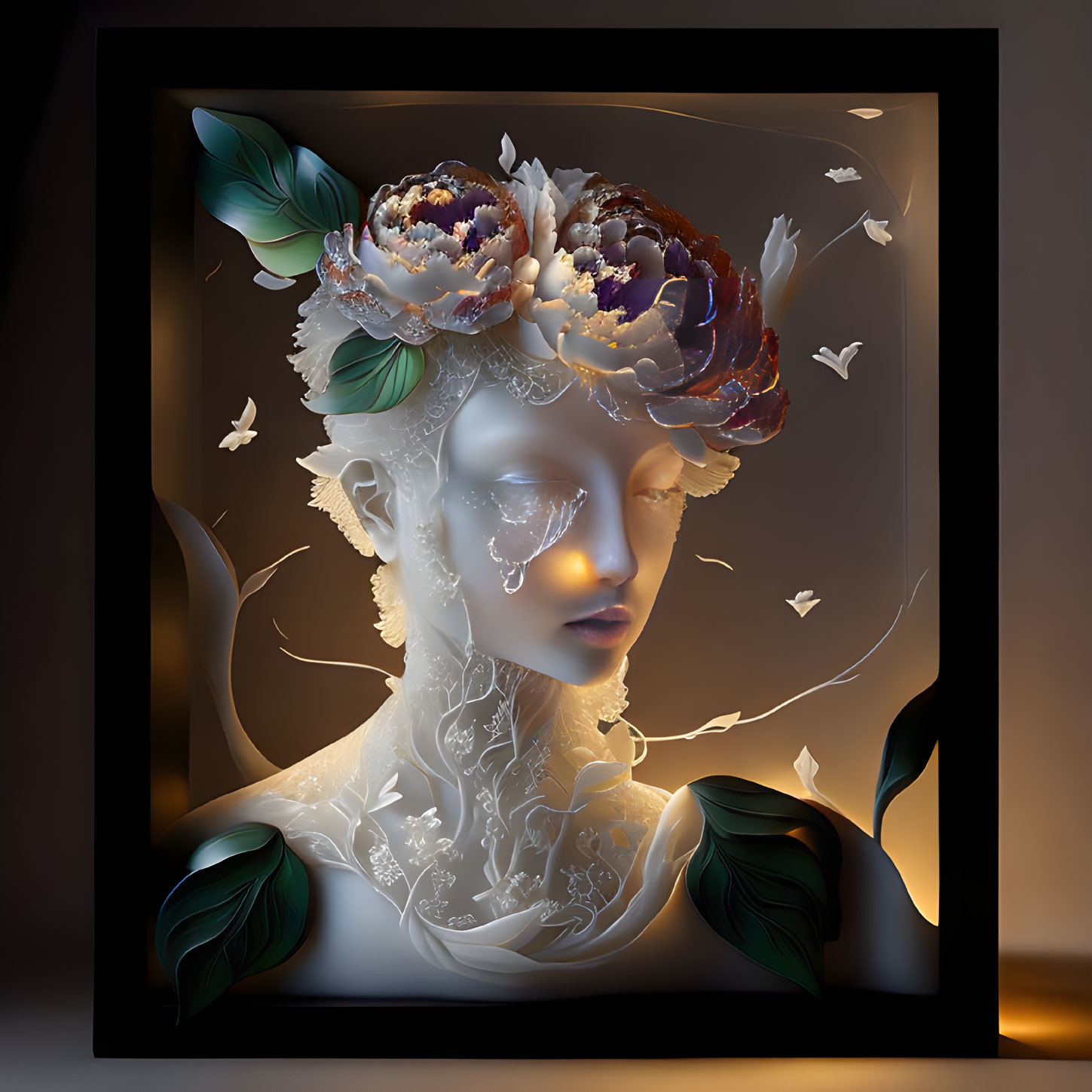 Surreal art: Serene face with florals and butterflies in dark ambiance