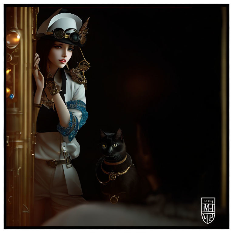 Steampunk woman in white hat and goggles with black cat in luxury cabin scene