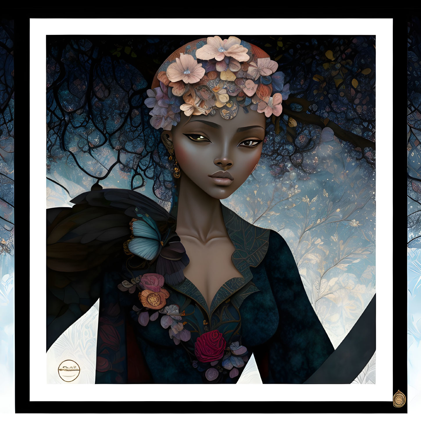 Dark-skinned woman with golden eyes in floral headpiece in mystical forest setting