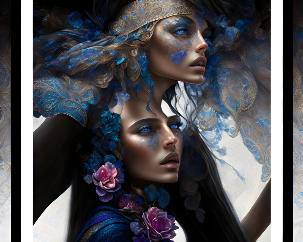 Two Women Illustration: Blue and Gold Ornate Headdresses