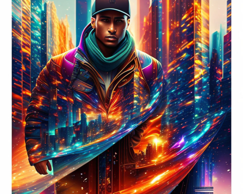 Shiny jacket wearer in front of vibrant futuristic cityscape