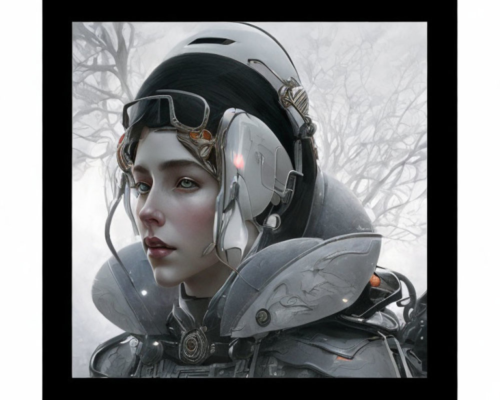 Futuristic silver armor young woman portrait in misty backdrop