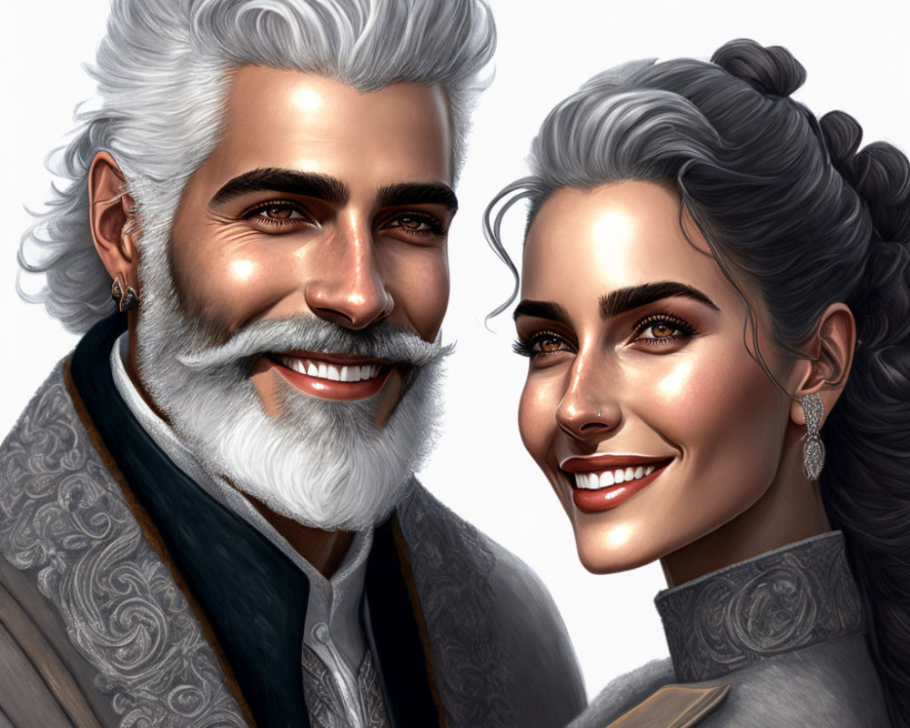 Stylish gray-haired couple in classy attire with full beard and elegant earrings