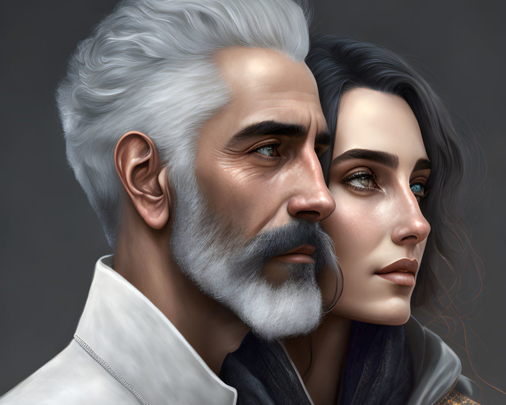 Mature man with white hair and young woman with dark hair in serious expression
