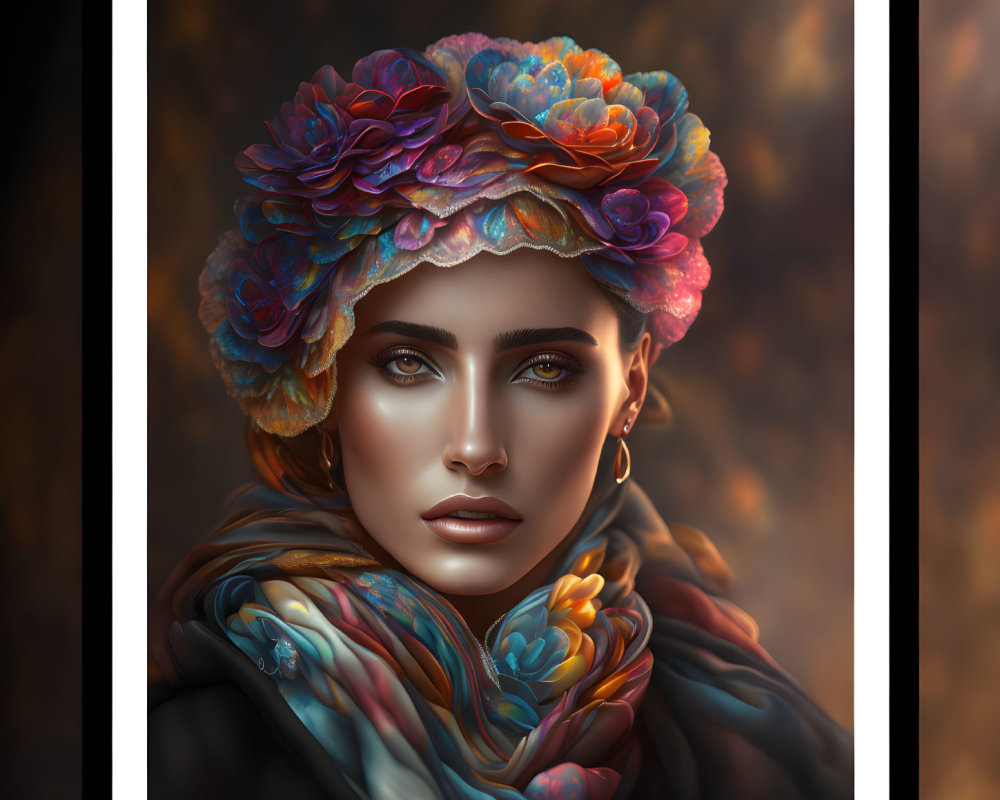 Vibrant floral hat and colorful scarf on woman portrait with rich warm tones