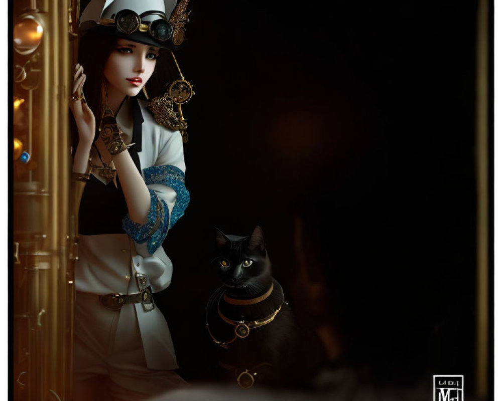 Steampunk woman in white hat and goggles with black cat in luxury cabin scene