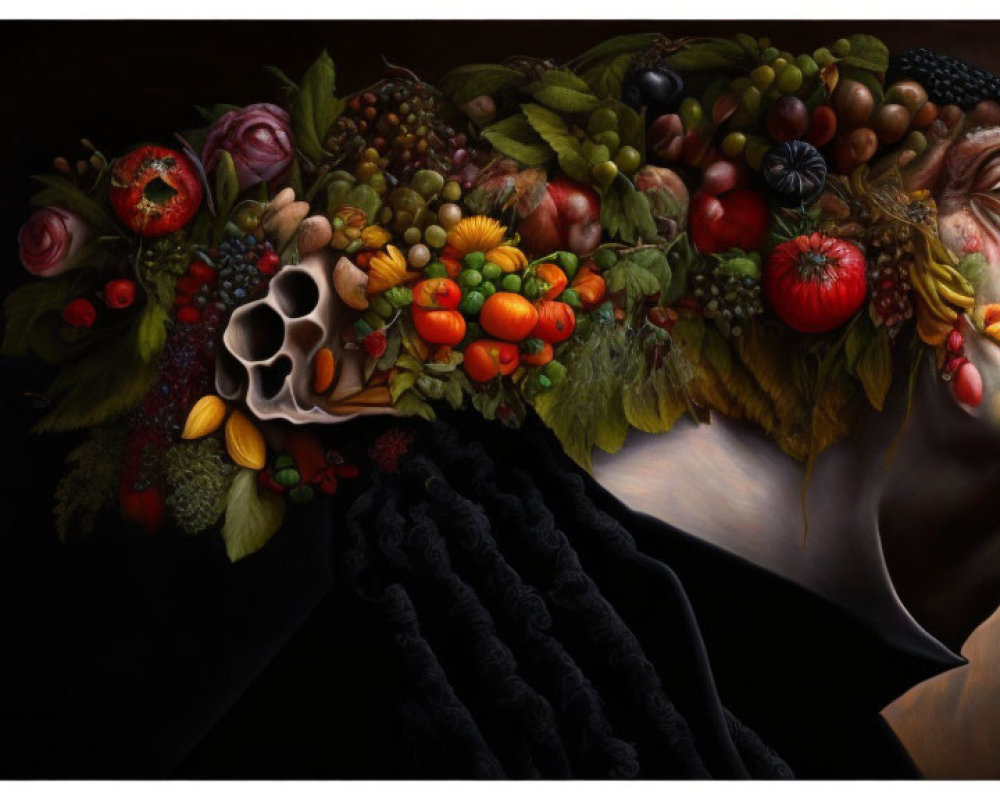 Surreal portrait combining woman's profile with fruits, vegetables, and flowers