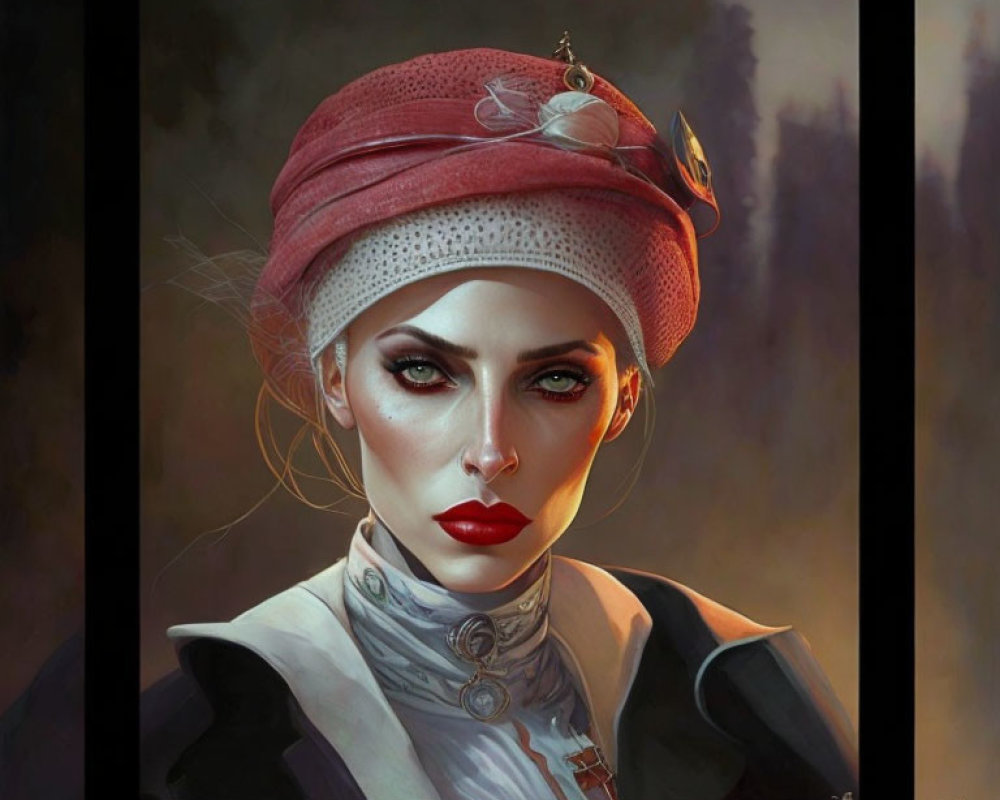 Portrait of Woman with Striking Red Lips and Headscarf