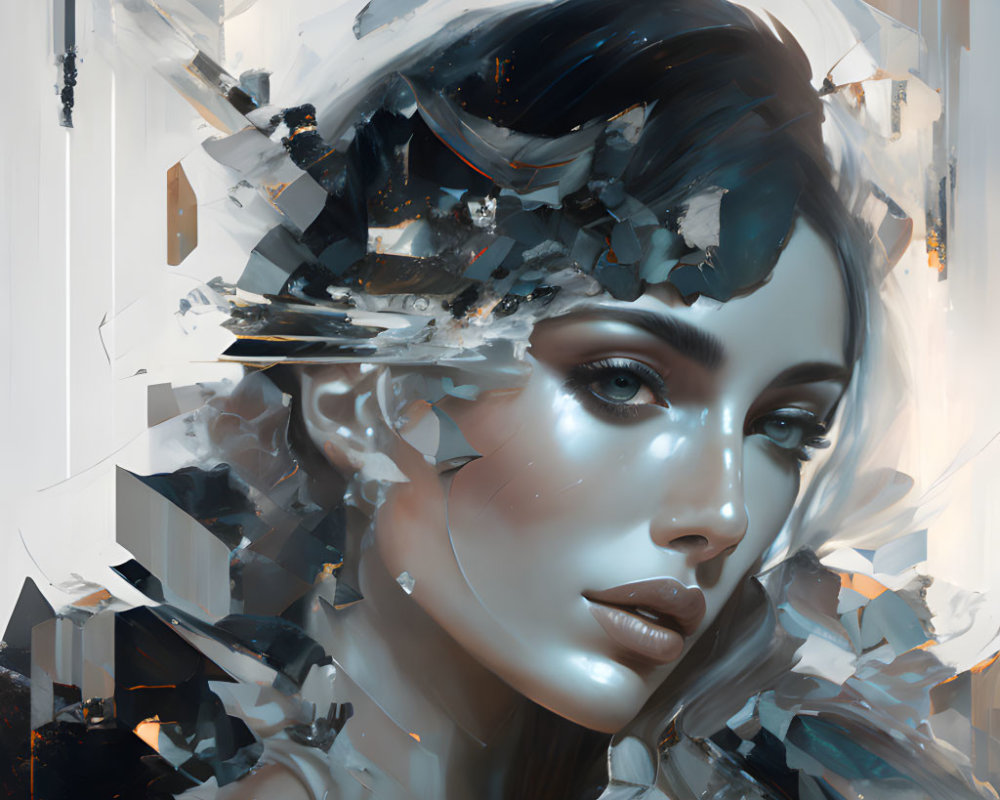 Monochromatic digital artwork featuring fragmented woman with blue accents