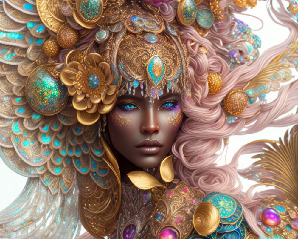 Fantasy image: Woman with elaborate gold headwear & pastel swirling hair