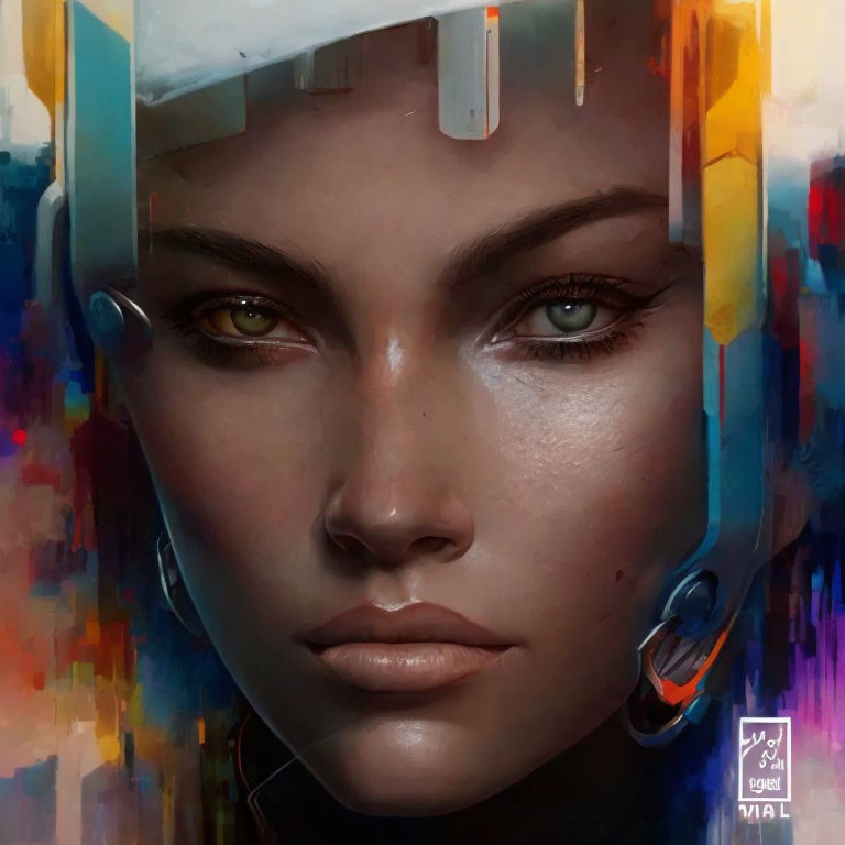 Vivid digital painting of woman with futuristic visor & colorful details