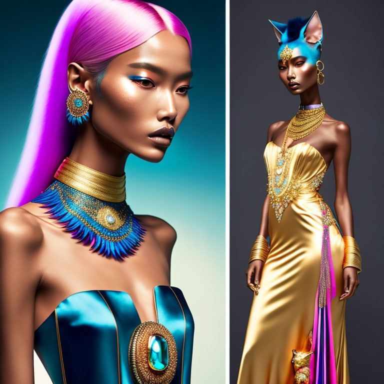 Vibrant Pink Hair Model in Egyptian-Inspired Gold & Blue Attire