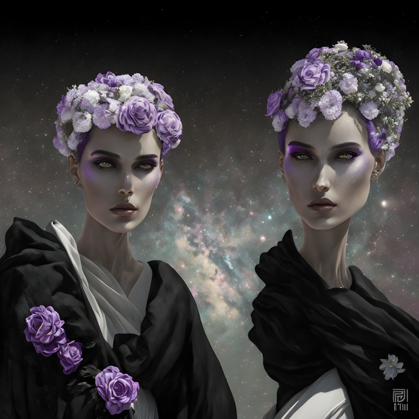 Identical Women in Flower Crowns with Violet Eyes on Starry Background