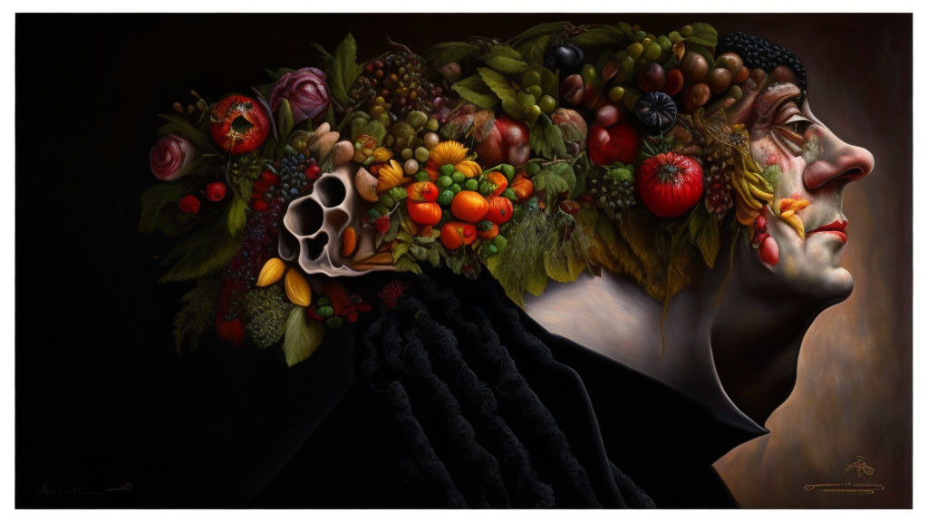 Surreal portrait combining woman's profile with fruits, vegetables, and flowers