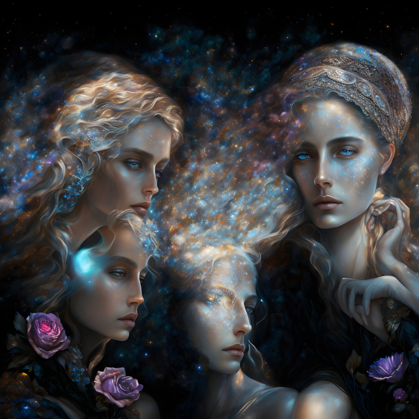 Ethereal women with cosmic hair and glowing skin on starry backdrop