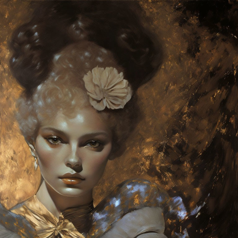 Portrait of woman with stylized hair and flower accessory on golden textured background