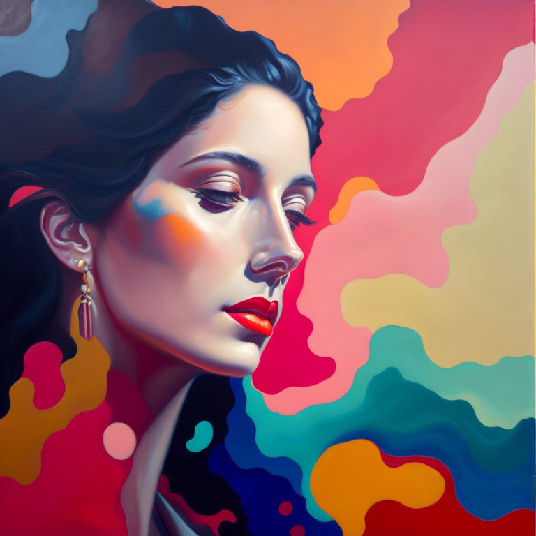 Colorful Abstract Patterns Merge with Woman's Profile in Vibrant Portrait