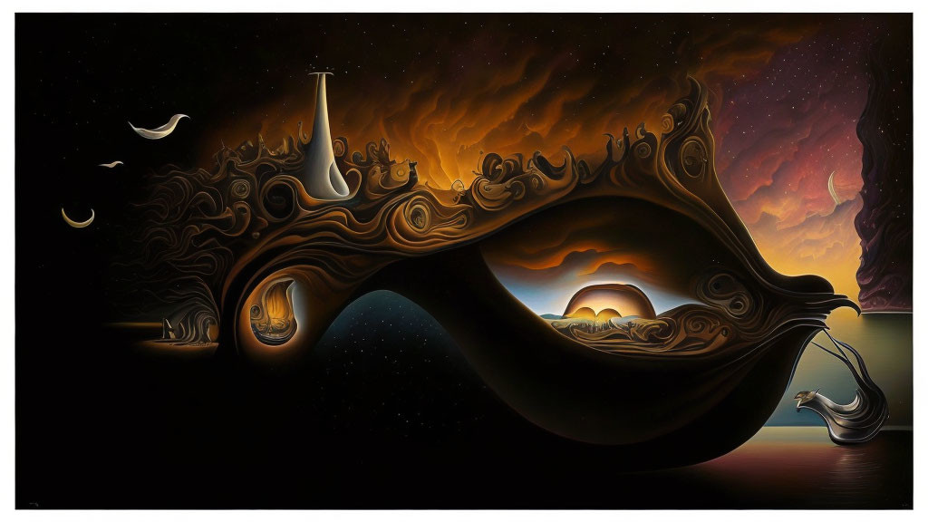 Surreal landscape with wavy terrain, fiery sky, crescent moons, guitar, and glowing