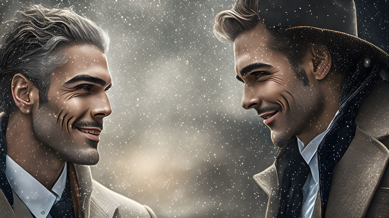 Elegant men with facial hair in stylish suits smiling under falling snow