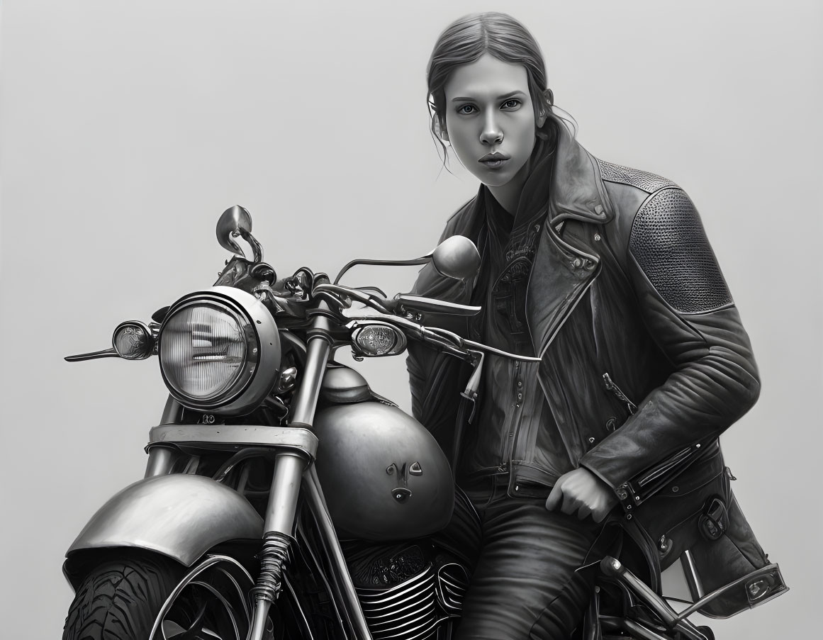 Monochrome image: Person in leather jacket on classic motorcycle