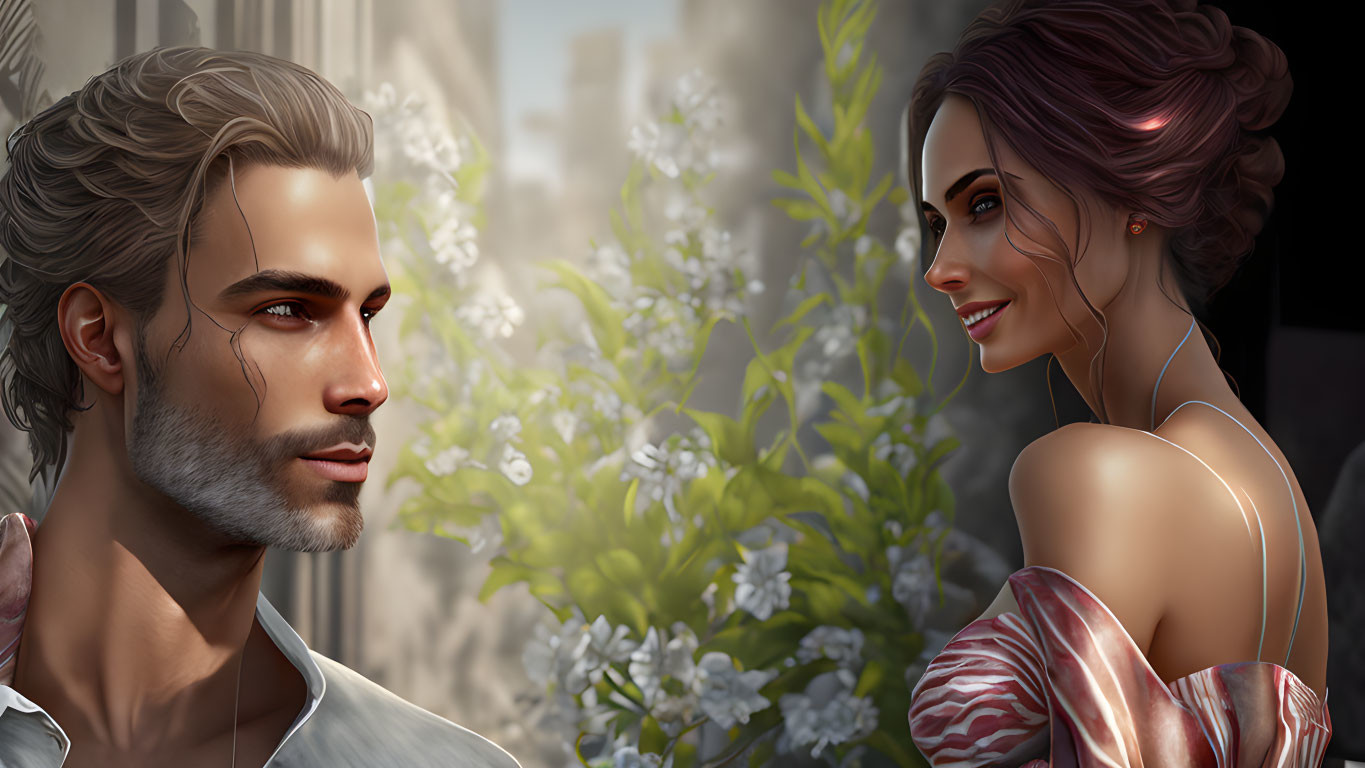 Romantic digital artwork of man and woman in white flower setting