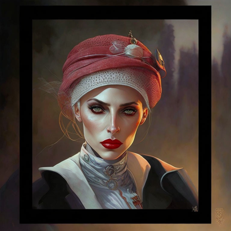 Portrait of Woman with Striking Red Lips and Headscarf