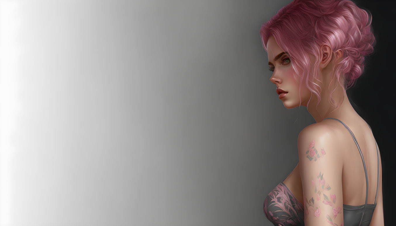 Pink-haired woman with floral tattoos in 3D illustration