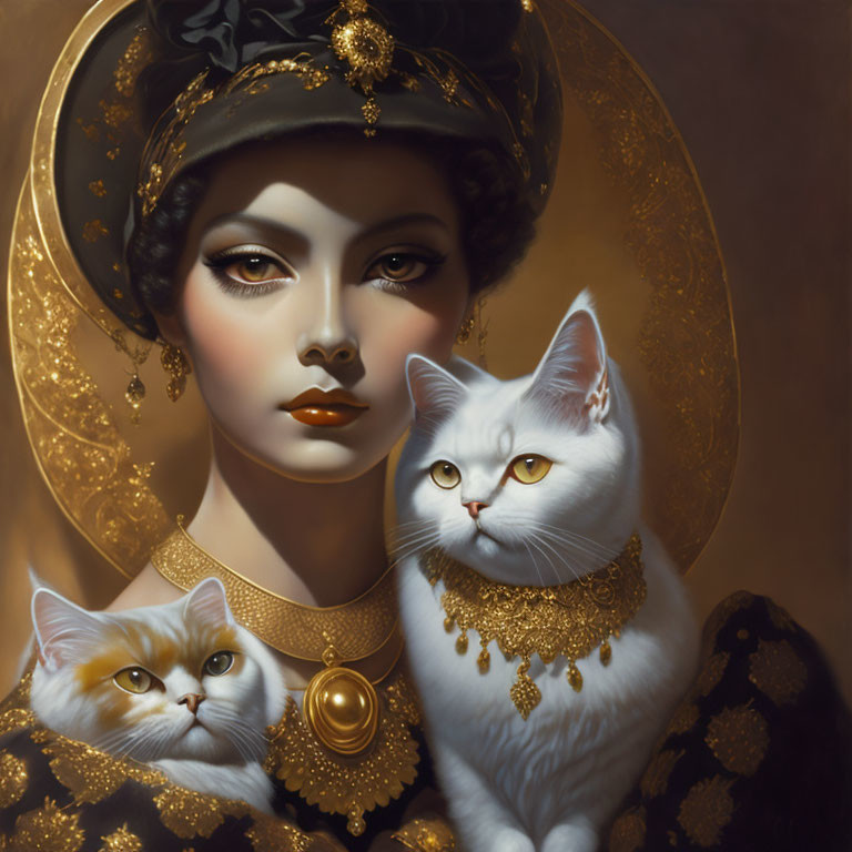 Vintage-inspired portrait of elegant woman with two white cats in gold necklaces
