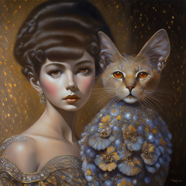 Mystical painting of woman with elegant hairstyle and cat with owl-like feathers in golden tones