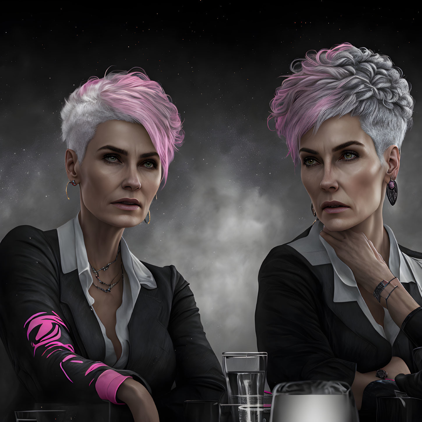 Two women with short white and pink hair in black outfits with pink accents against cosmic backdrop