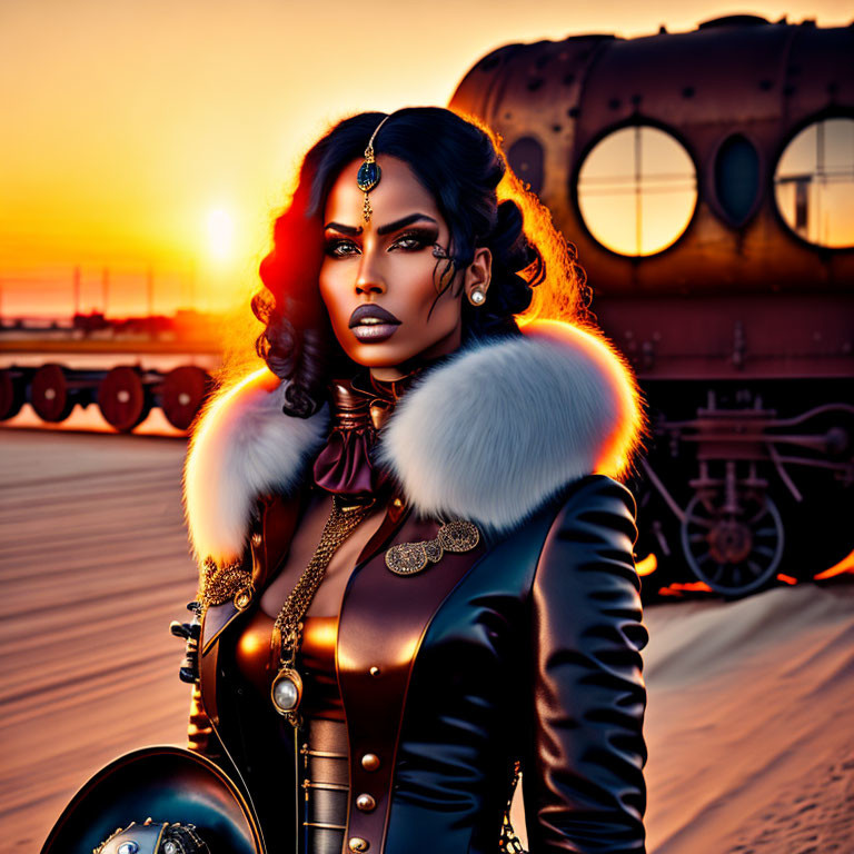 Steampunk-themed woman in fur-trimmed attire by vintage train car at sunset