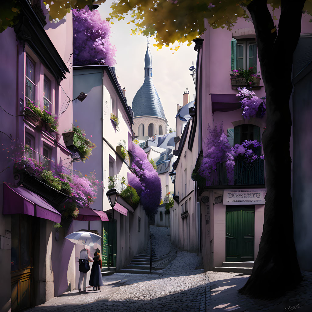 Couple with umbrella walking down charming alley with purple flowers and distant spire
