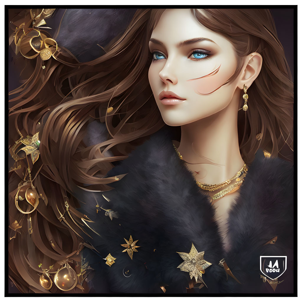 Illustrated portrait of a woman with brown hair, gold accessories, fur collar, and striking blue eyes