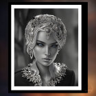 Digital artwork of female figure with ornate silver headgear and jewelry on dark bokeh background
