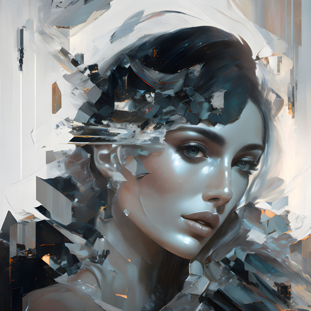 Monochromatic digital artwork featuring fragmented woman with blue accents
