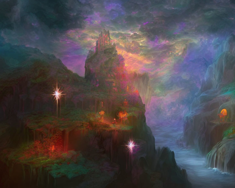 Vibrant colorful sky over mystical castle and cliffs